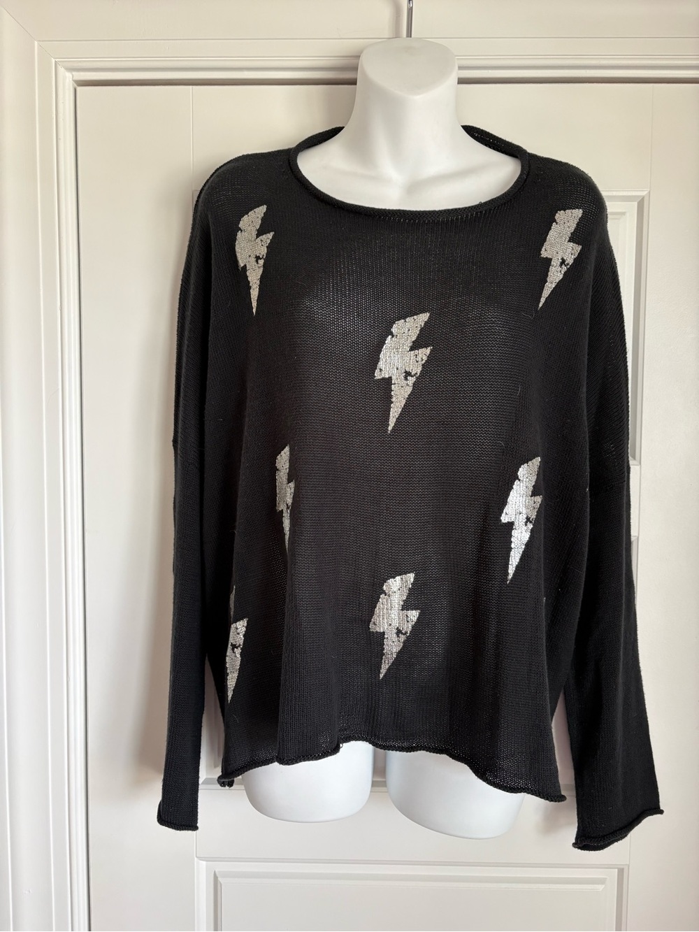 Wooden Ships Black Sweater with Silver Lightning Bolts